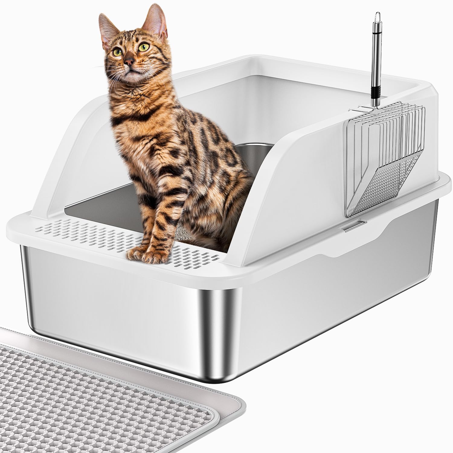 PEDIBAT XL stainless steel litter box with lid, ideal for large cats and odor containment.