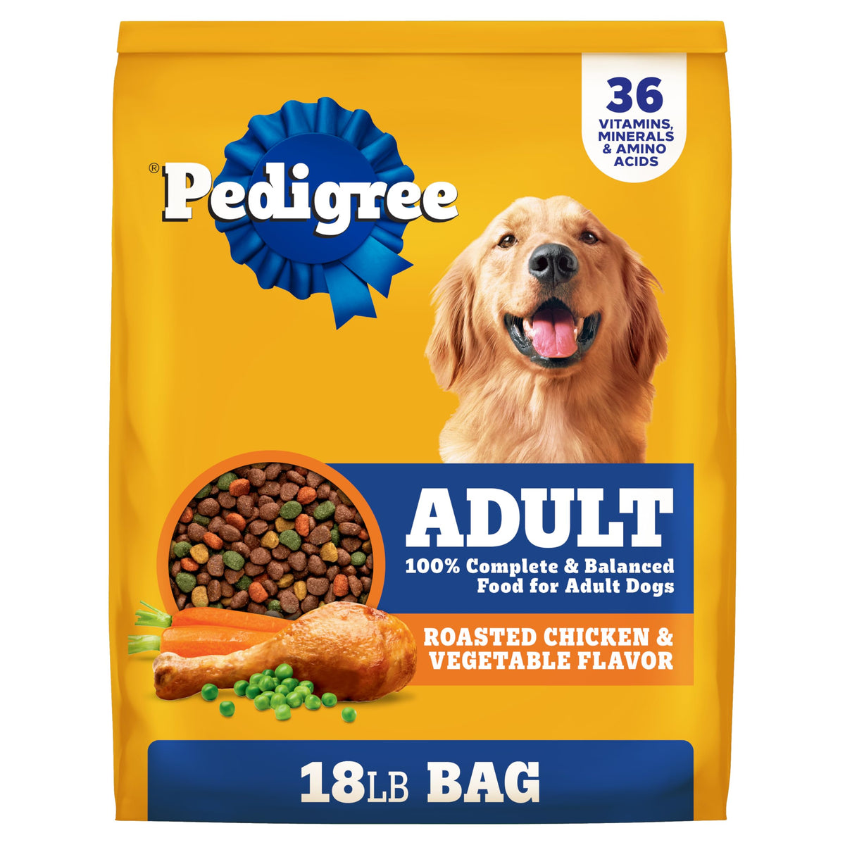 Pedigree Adult Dry Dog Food bag front—trusted complete nutrition for everyday vitality.