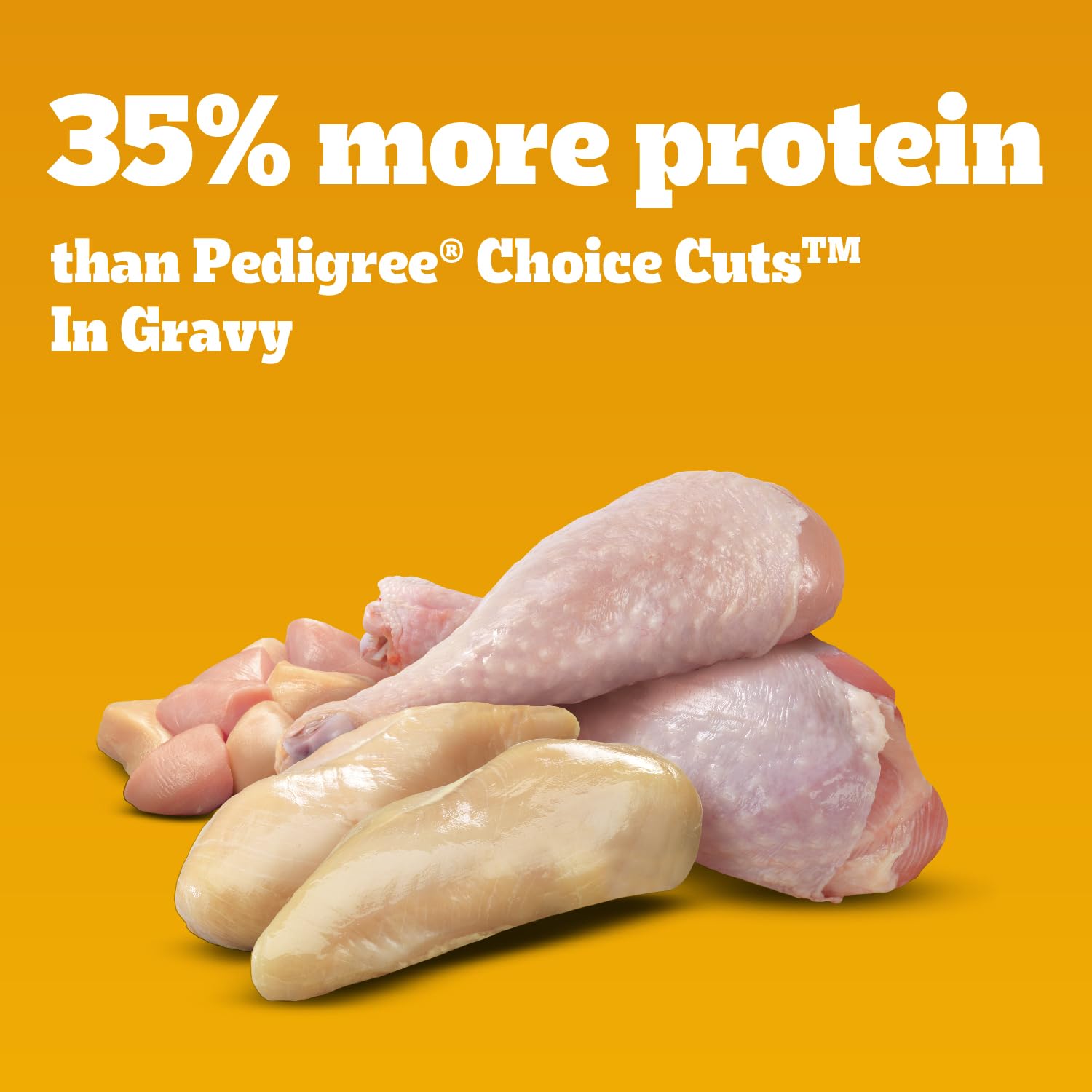 Pedigree chicken-turkey in gravy can closeup highlighting slow cooking and real meat.
