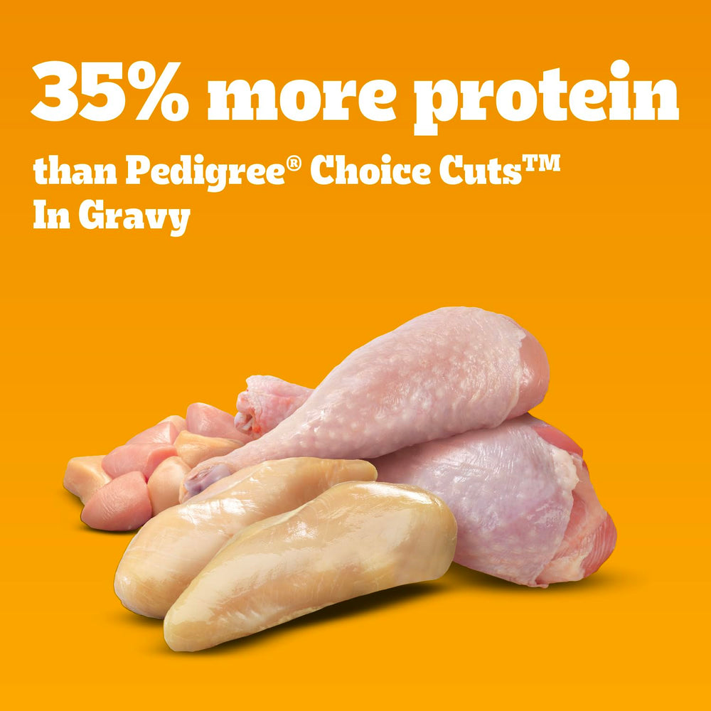 Pedigree chicken-turkey in gravy can closeup highlighting slow cooking and real meat.