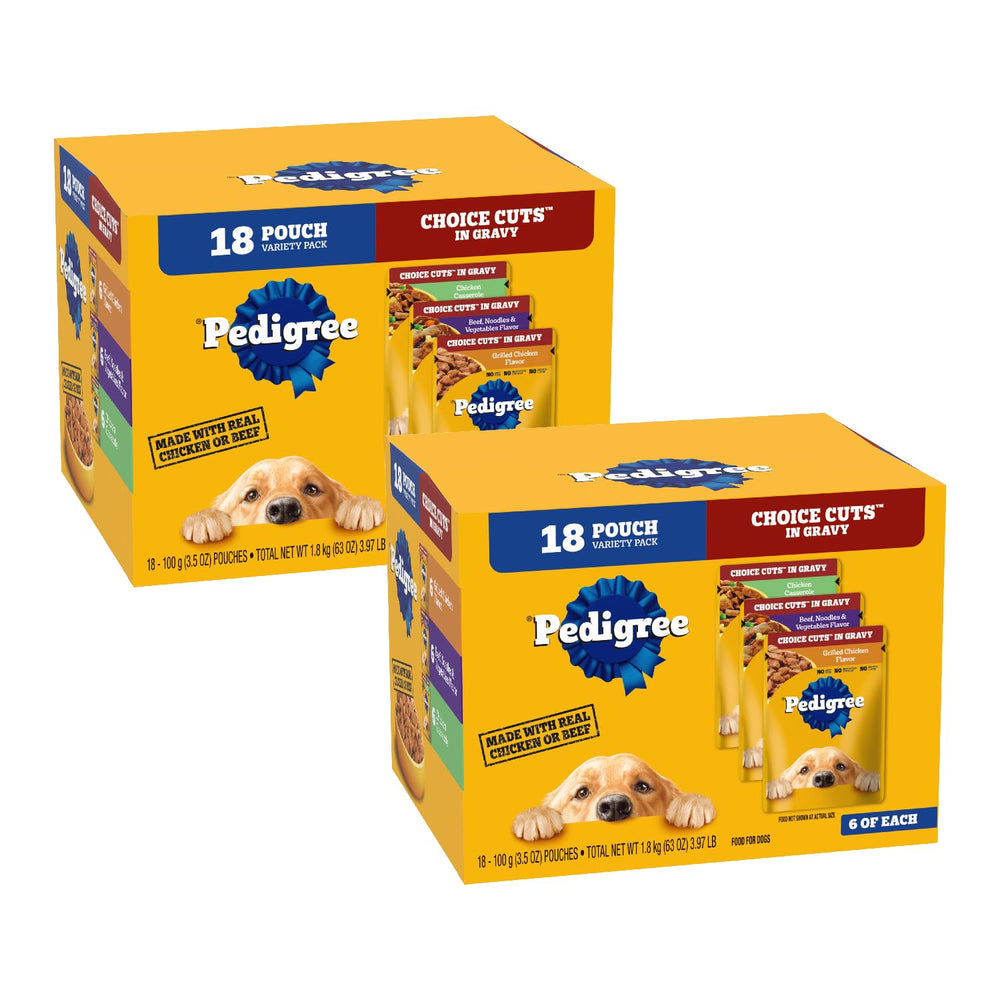 Pedigree Choice Cuts in Gravy pouch pouring over kibble for tastier meals.