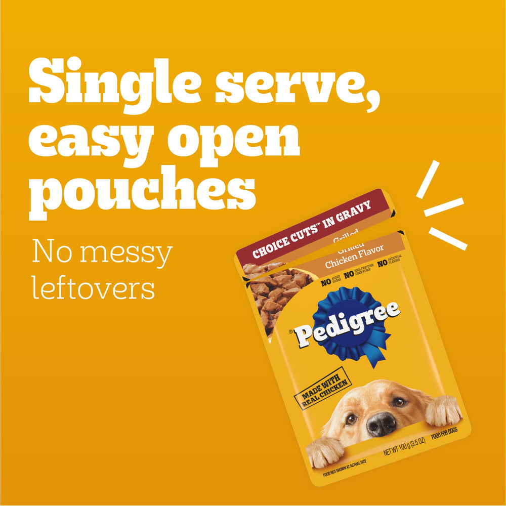 Pedigree Choice Cuts In Gravy 3.5 oz pouches provide convenient meals for adult dogs.