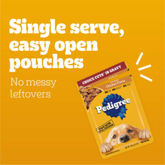 Pedigree Choice Cuts In Gravy 3.5 oz pouches provide convenient meals for adult dogs.