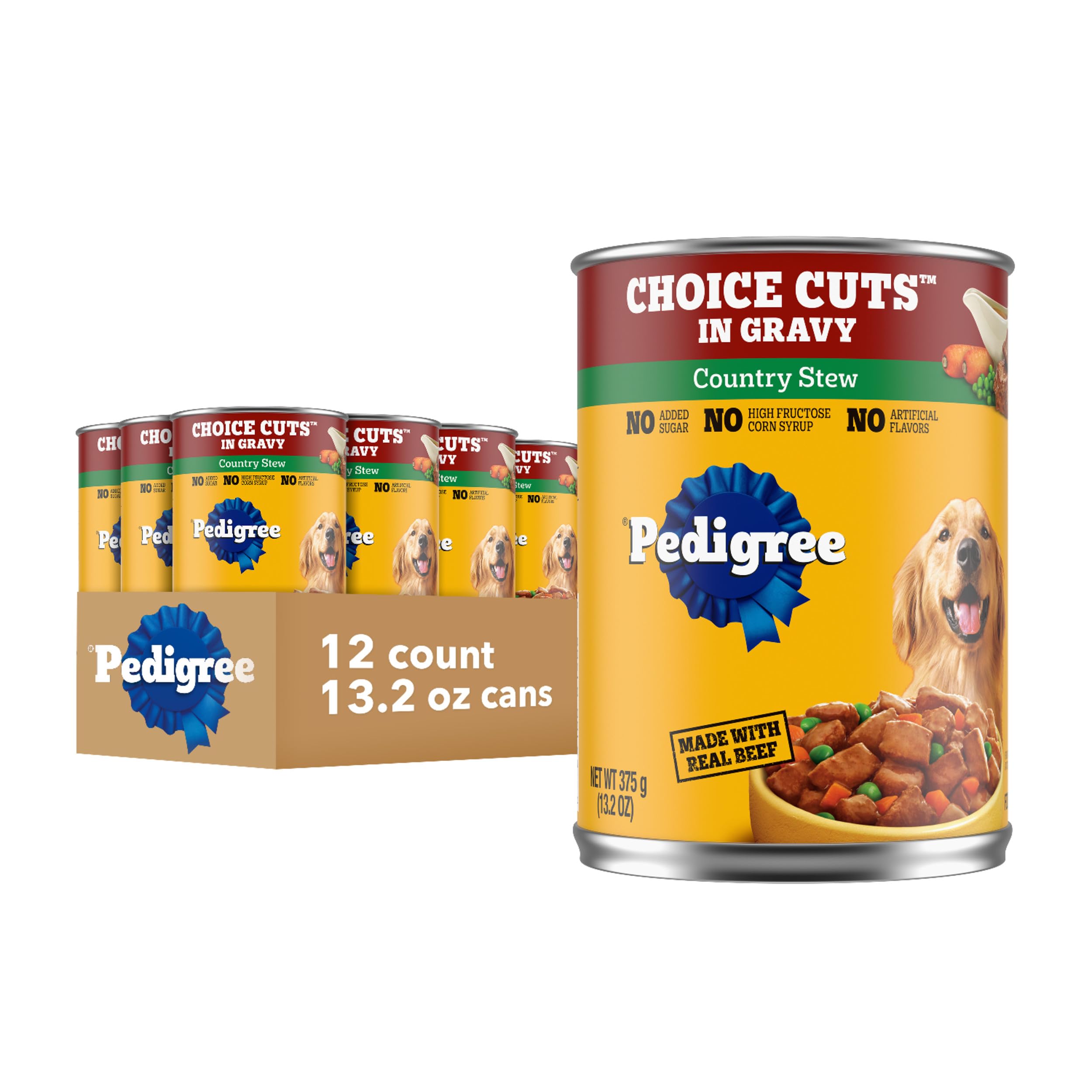 Pedigree Choice Cuts in Gravy Country Stew can with tender meat chunks in savory gravy for adults.