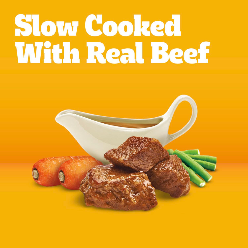 Close-up of Pedigree Choice Cuts in Gravy Country Stew meat texture in gravy.