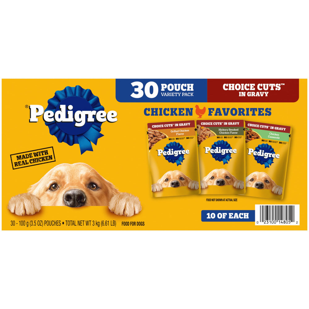 Pedigree Choice Cuts In Gravy pouch open showing rich gravy for adult dogs.
