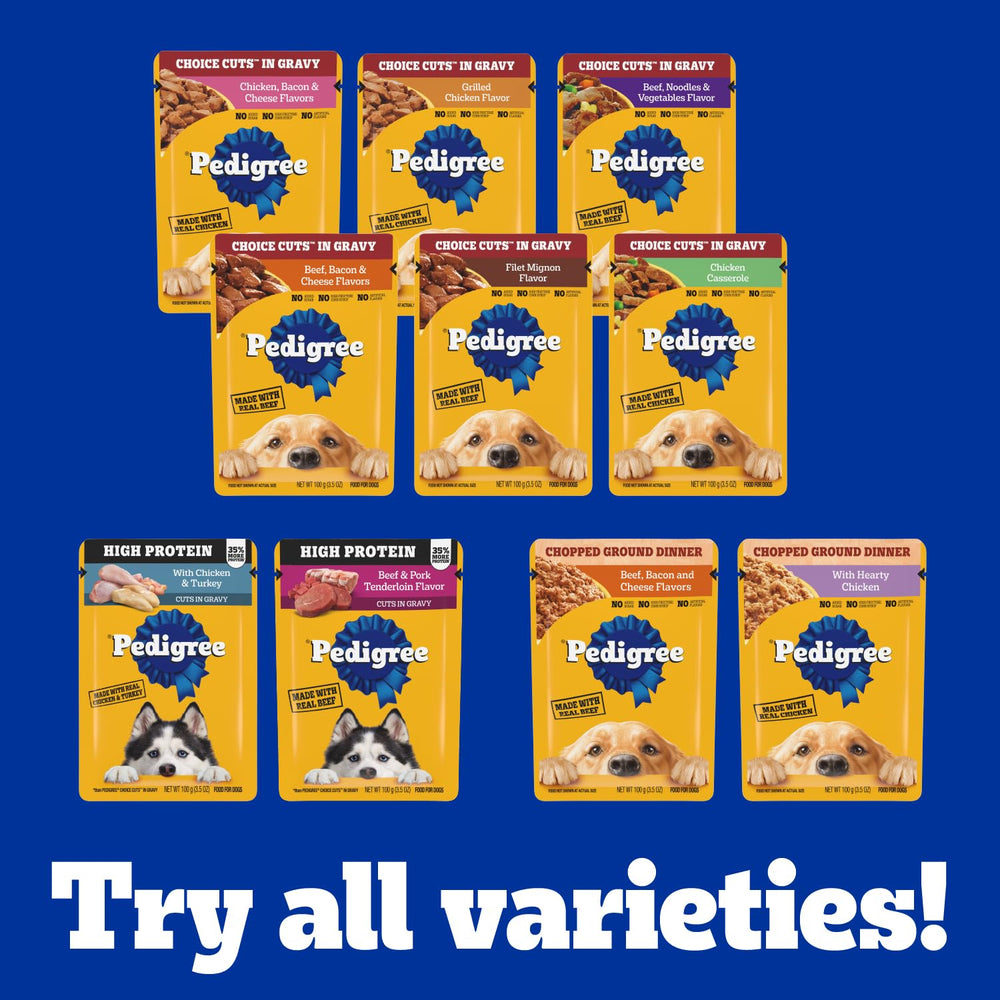 Pedigree Choice Cuts In Gravy served atop dry kibble for variety.
