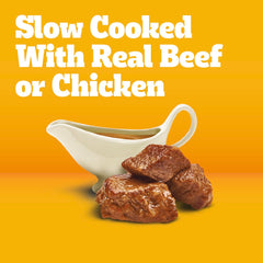 Pedigree Choice Cuts in Gravy closeup of real meat chunks for texture.