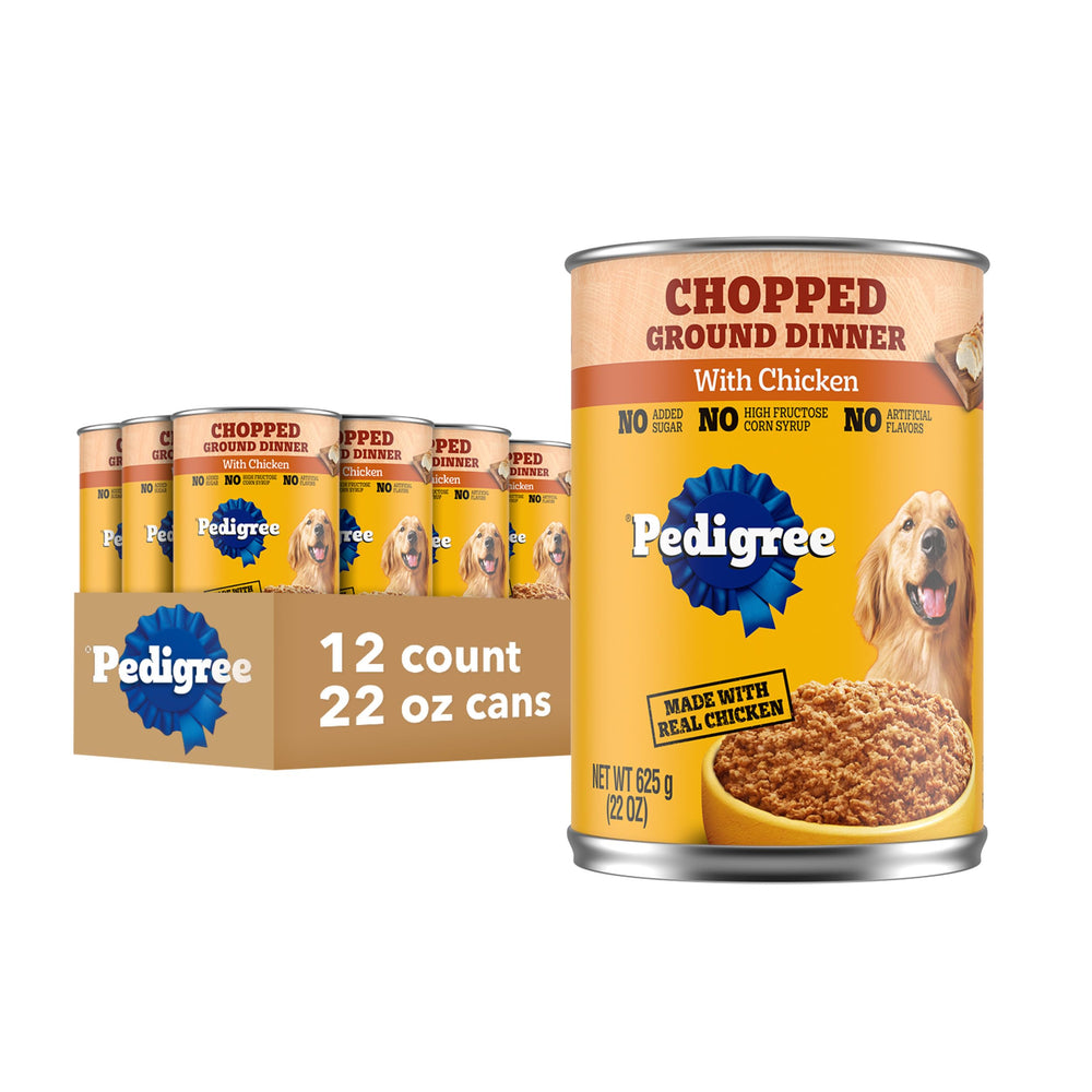 Pedigree Chopped Ground Dinner can with chicken for adult dogs.