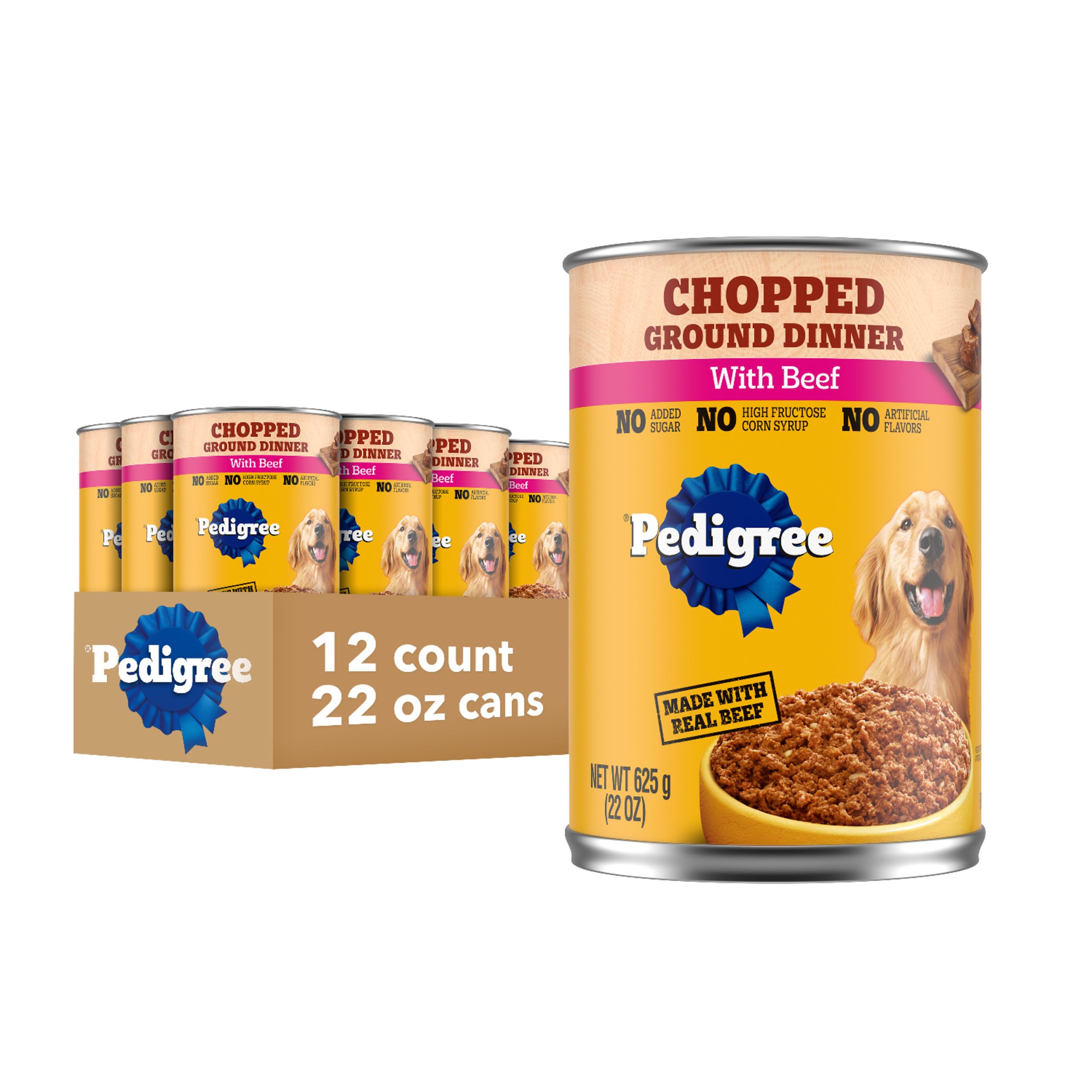 Pedigree Chopped Ground Dinner beef canned dog food in a 22oz can for balanced daily meals
