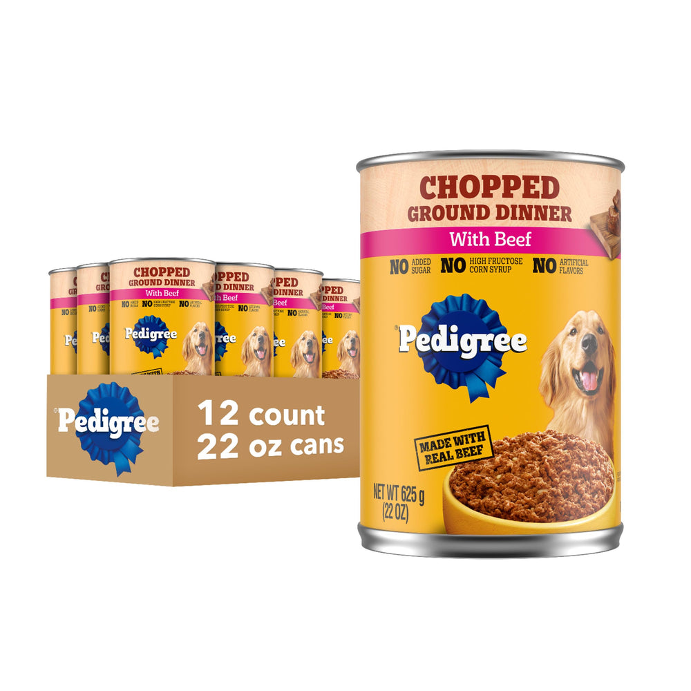 Pedigree Chopped Ground Dinner beef canned dog food in a 22oz can for balanced daily meals