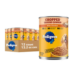 Pedigree Chopped Ground Dinner can with real chicken highlights protein quality for dogs