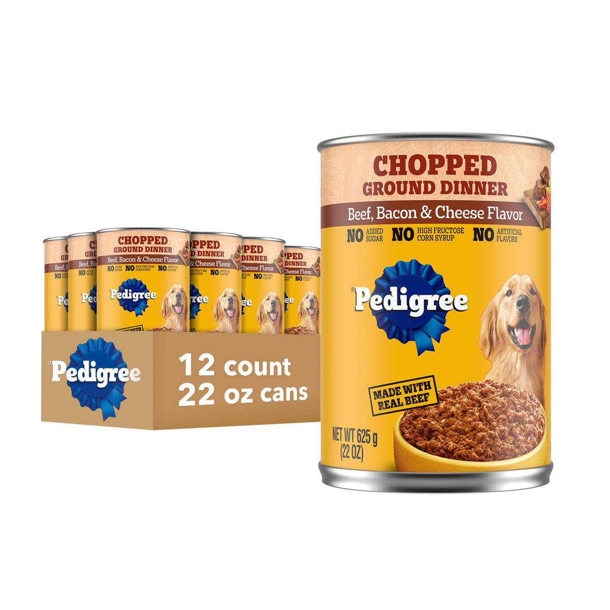 Pedigree Chopped Ground Dinner can close-up showing real chicken for lean muscles.