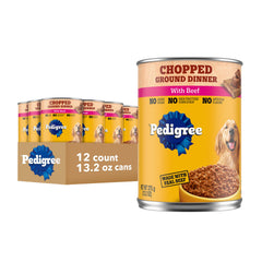 Pedigree Chopped Ground Dinner can closeup highlights premium protein for adult dogs.