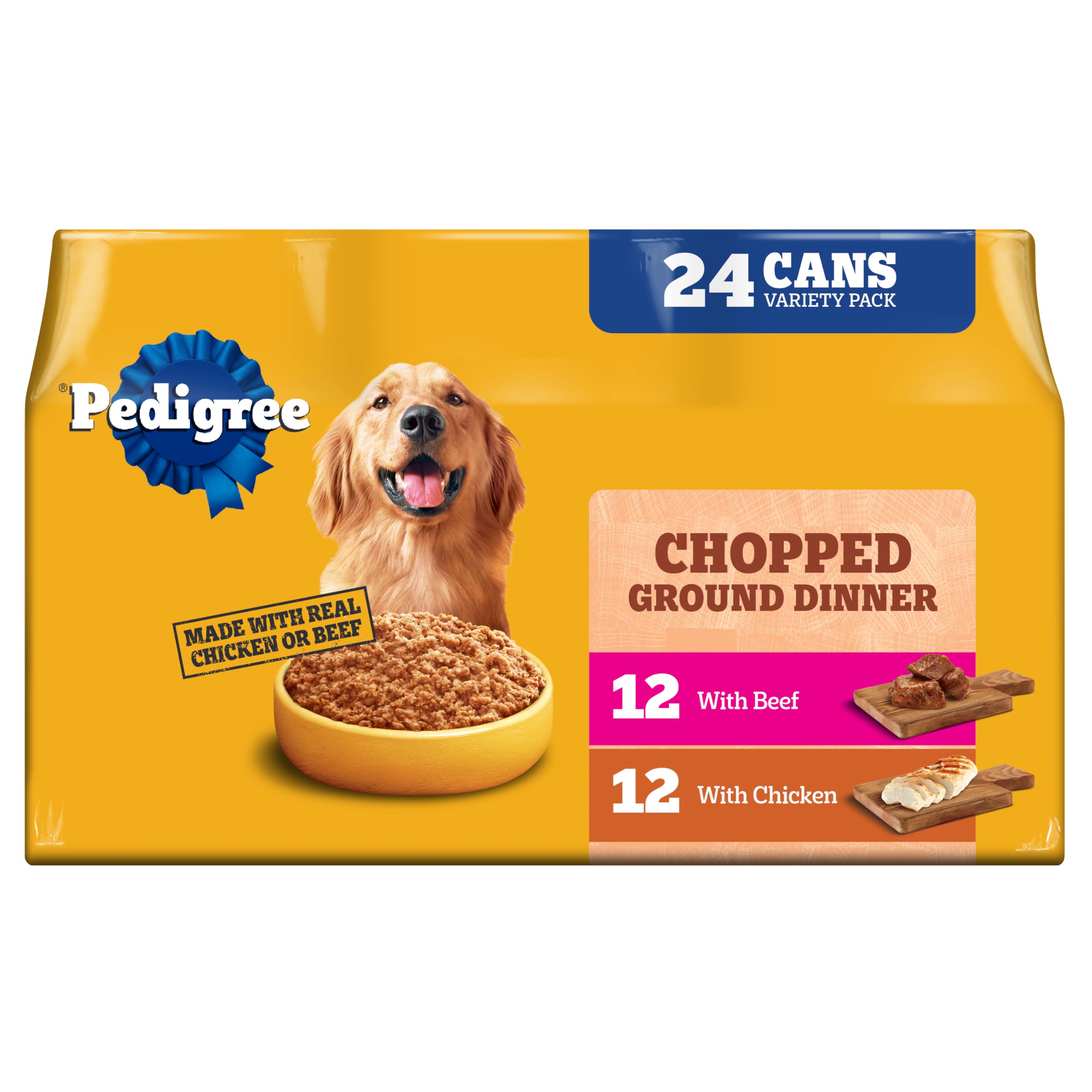 Pedigree Chopped Ground Dinner can label with real meat for daily meals.