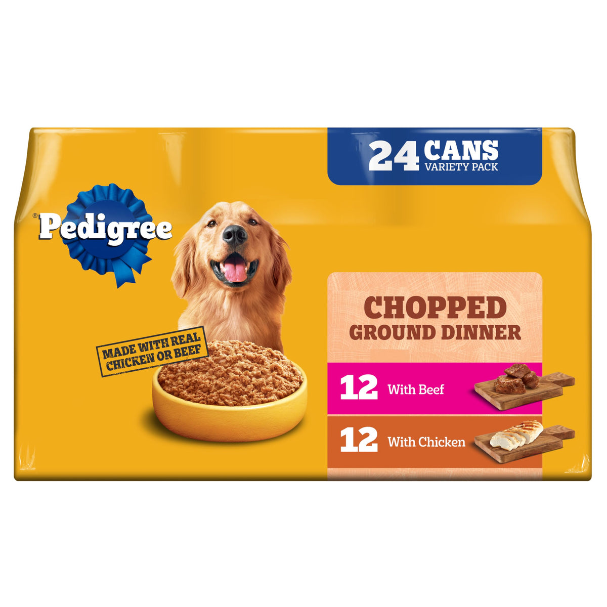 Pedigree Chopped Ground Dinner can label with real meat for daily meals.