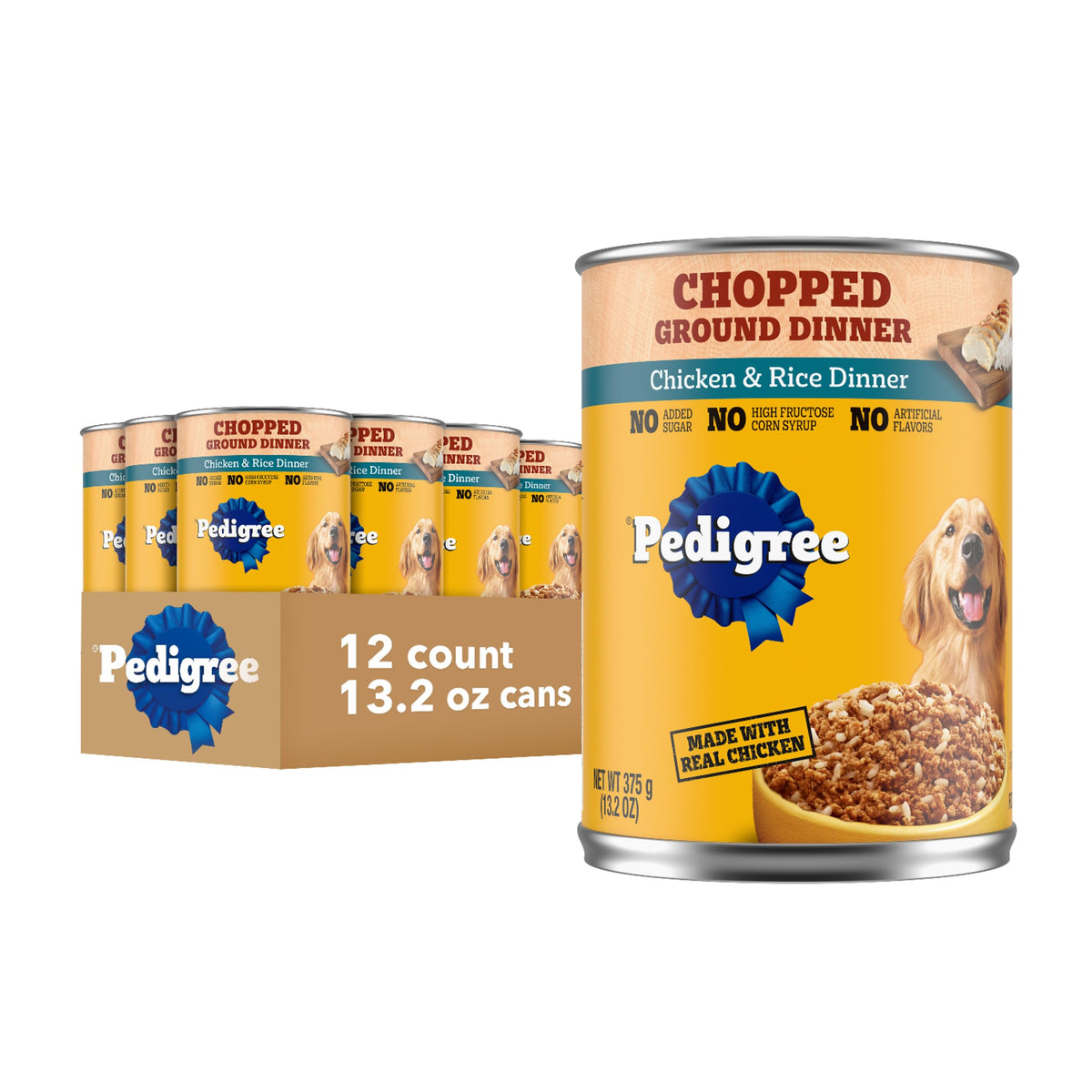 Pedigree Chopped Ground Dinner chicken and rice can, complete and balanced for adults.