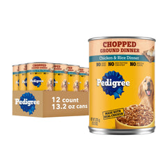 Pedigree Chopped Ground Dinner chicken and rice can, complete and balanced for adults.