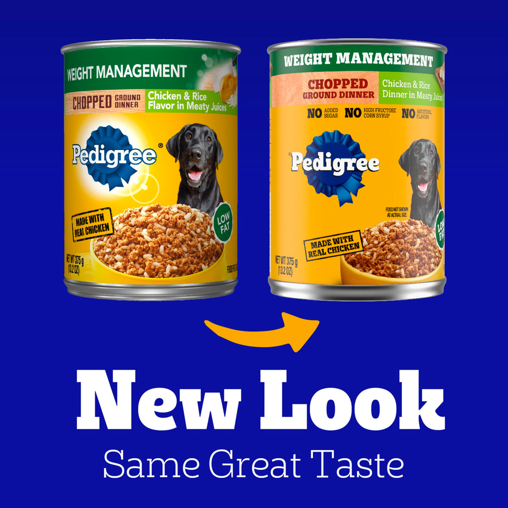 Pedigree Chopped Ground Dinner close-up shows meaty juices for aroma and appeal.