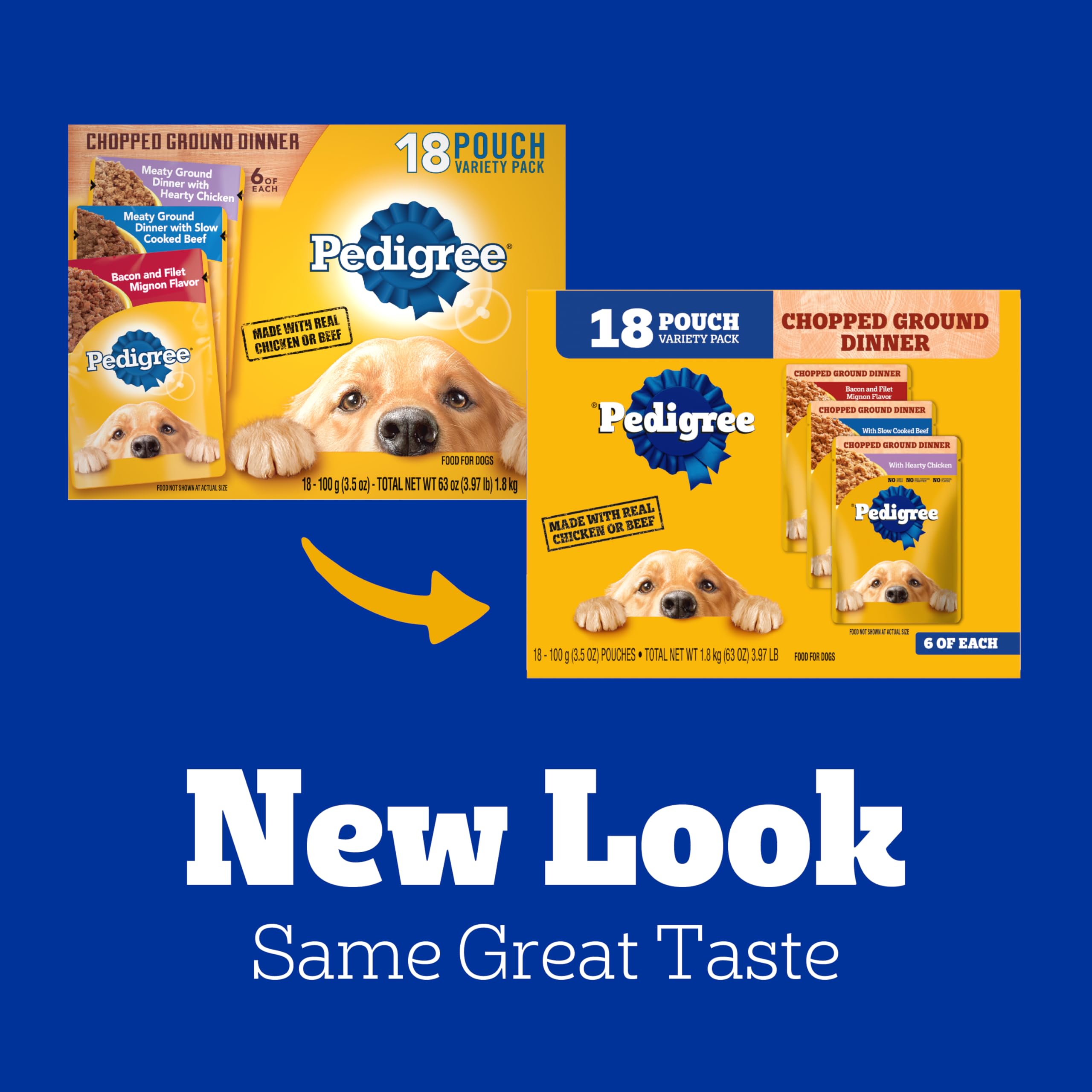 Pedigree chopped ground dinner pouch open serving shows convenient meals
