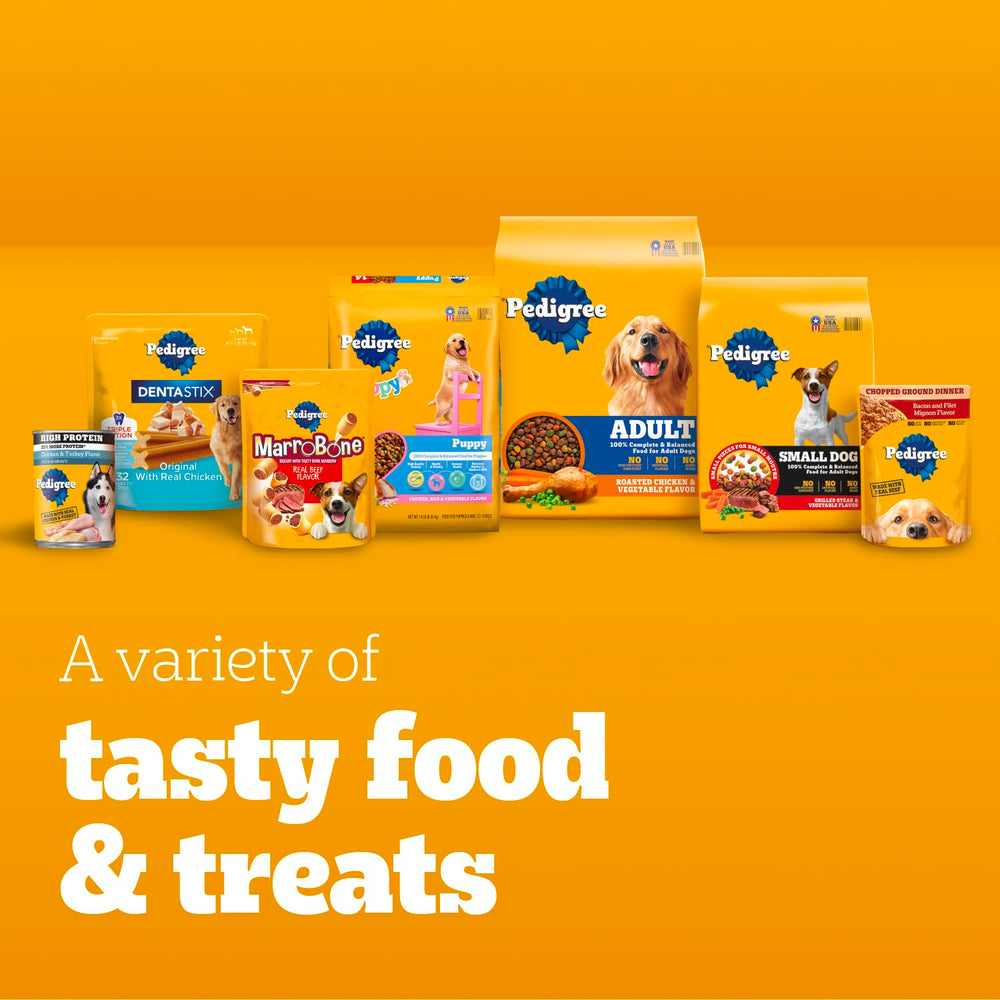Pedigree Chopped Ground Dinner pouch label close-up highlights real protein ingredient.