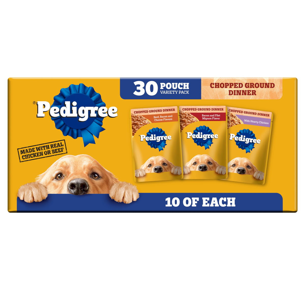 Pedigree Chopped Ground Dinner pouch packshot, convenient 30-pack for versatile meals.