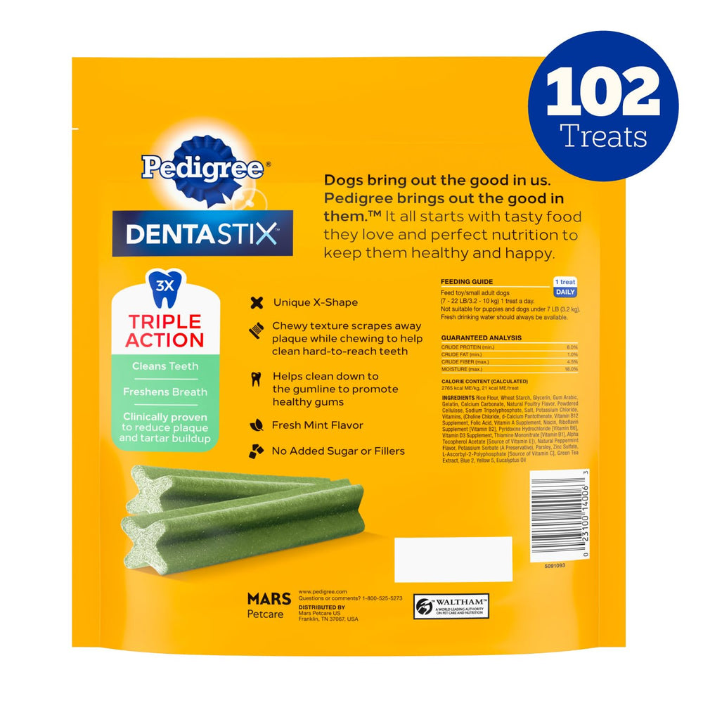 Pedigree Dentastix bag contains 102 treats for small dogs.