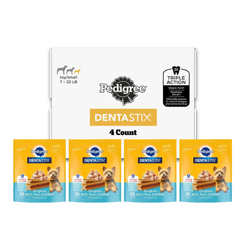 Pedigree Dentastix 4-pack small-dog packaging, convenient daily dental treats.