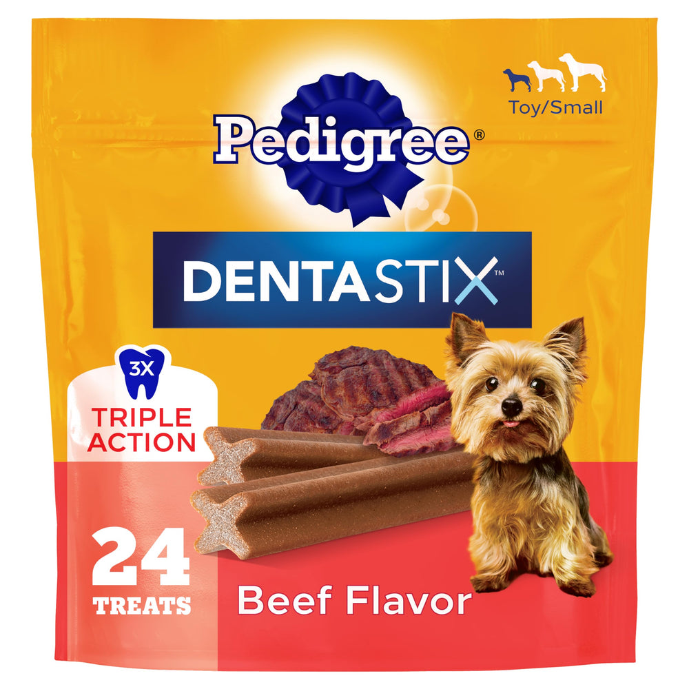 Pedigree Dentastix beef-flavor small-dog chews support daily dental care.