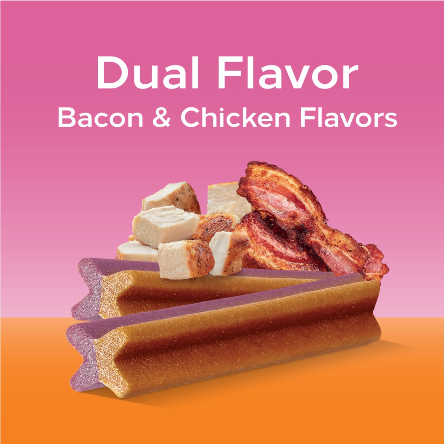 Dual bacon and chicken flavor Dentastix large-breed treats in packaging