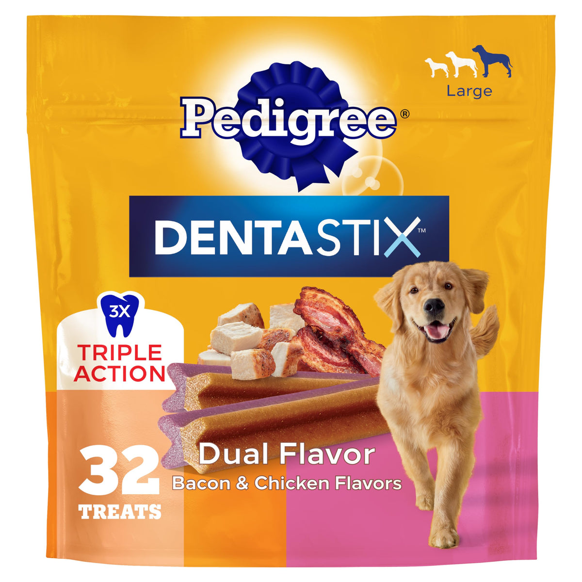 Pedigree Dentastix large-breed bacon-chicken bag showing flavor for daily dental care