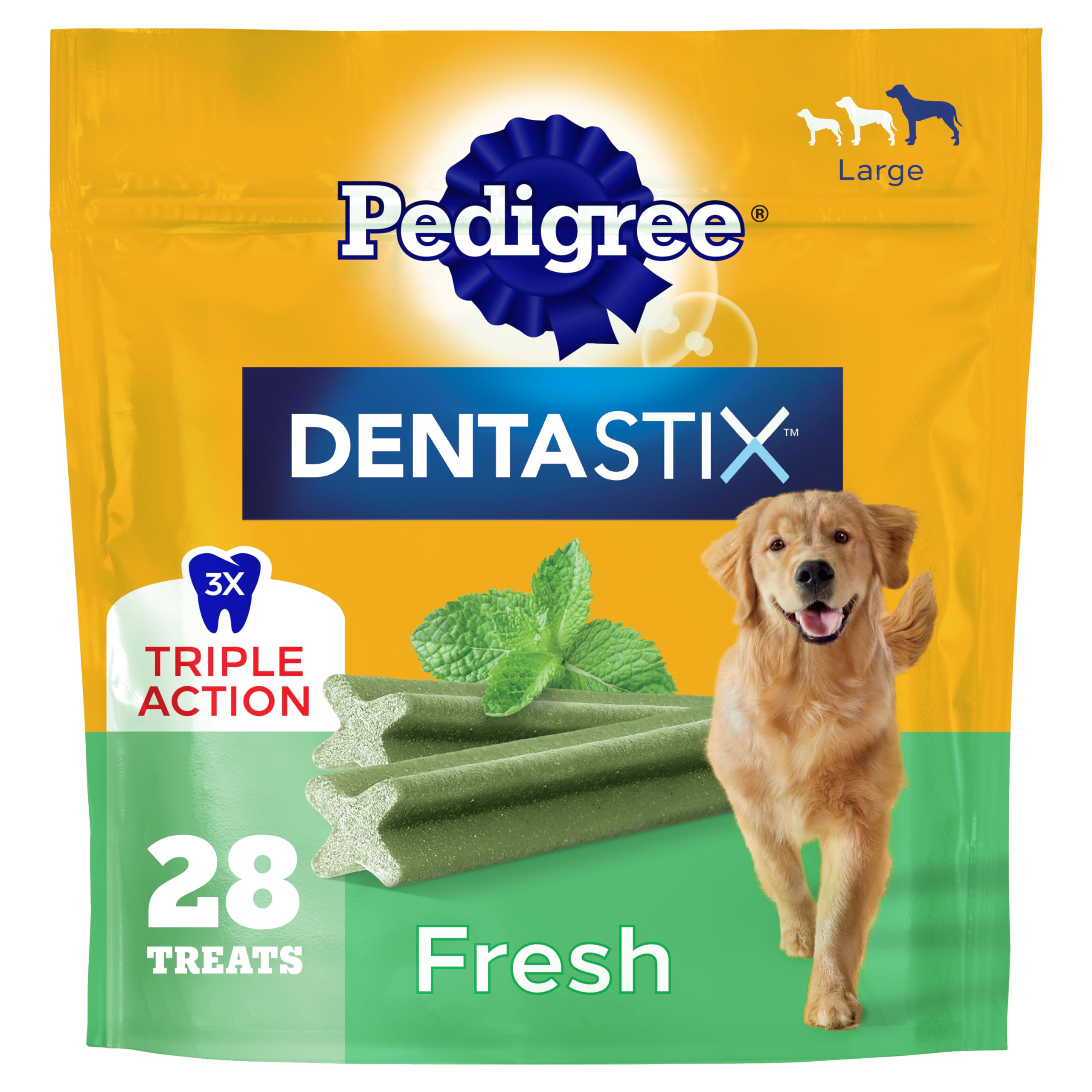 Pedigree Dentastix large-breed dog treats in bag for daily dental care.