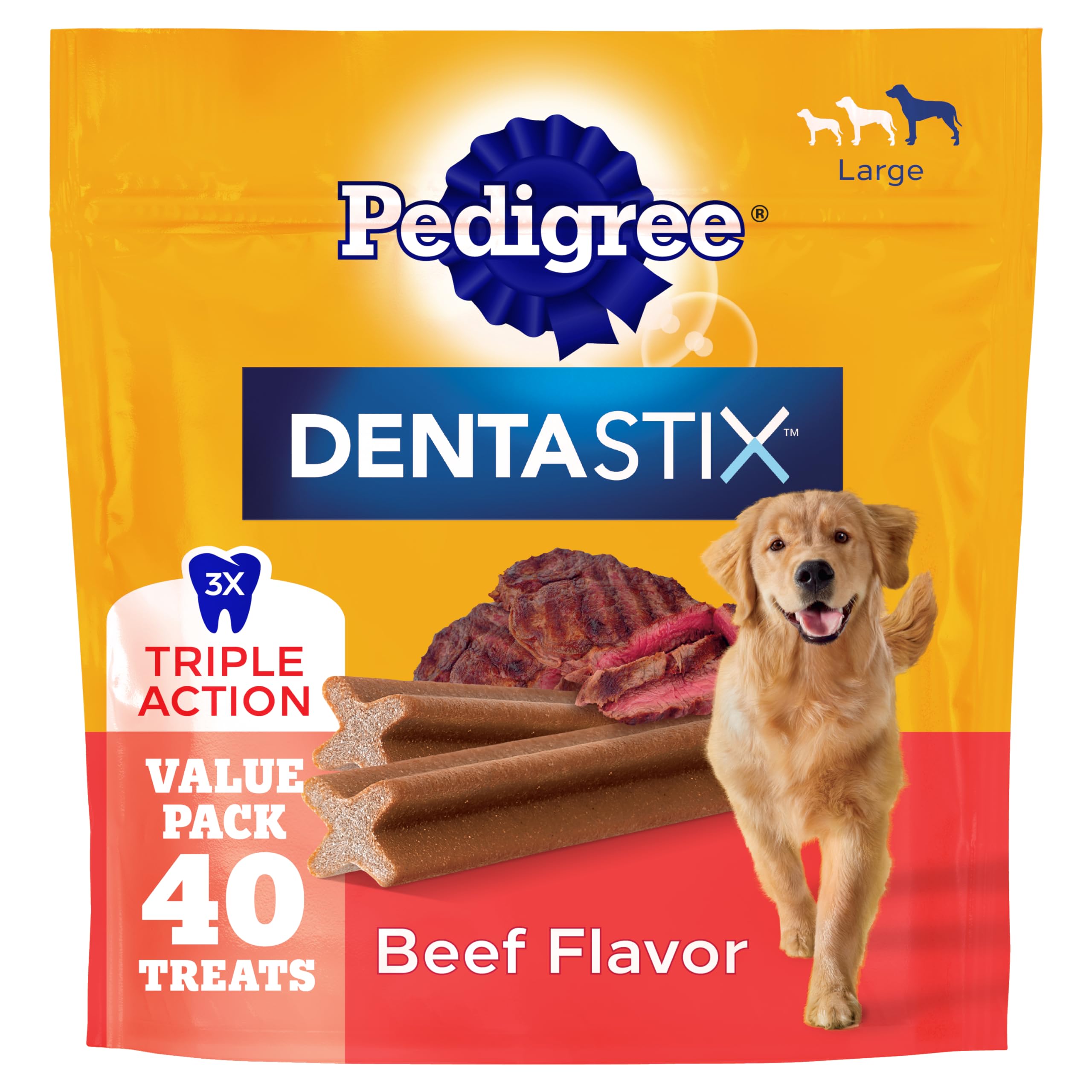 Pedigree Dentastix large dog beef flavor bag showing the dental treat product for big dogs