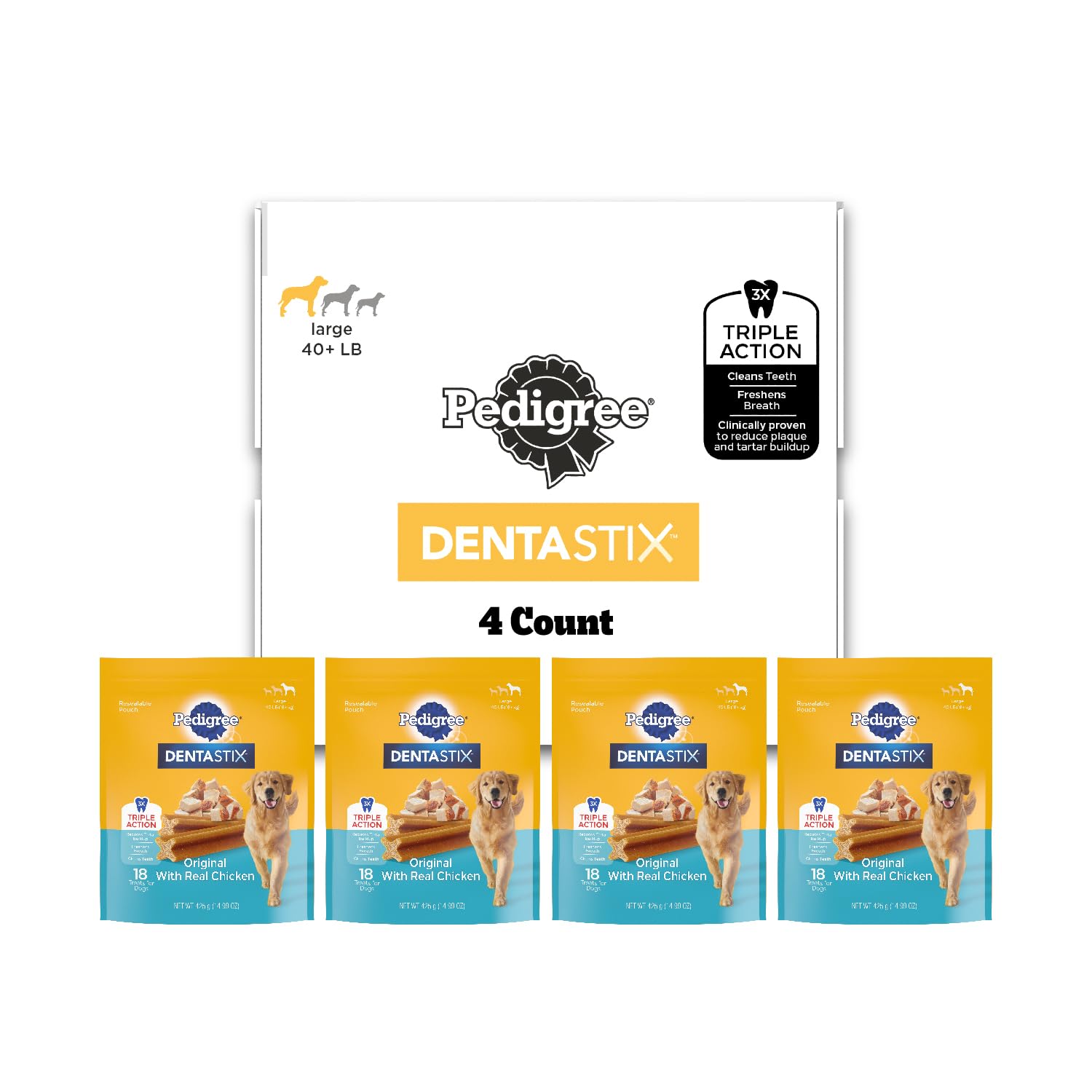 Pedigree Dentastix front packaging view for large dogs, 72 treats