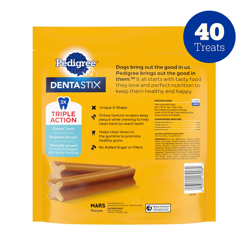 Large-breed dog owner choosing real chicken dental treats.