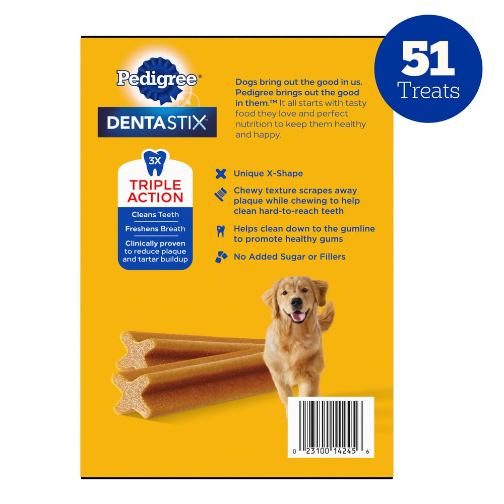 Pedigree Dentastix 51-treat variety pack front shows three flavors.