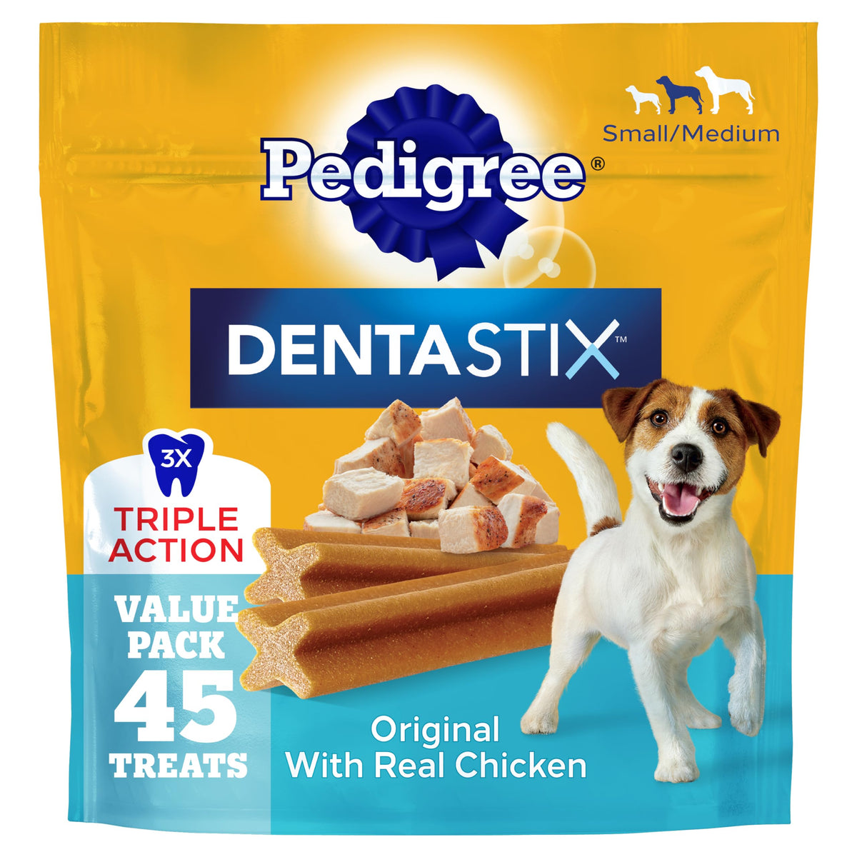 Pedigree Dentastix pack front view for daily dental care.
