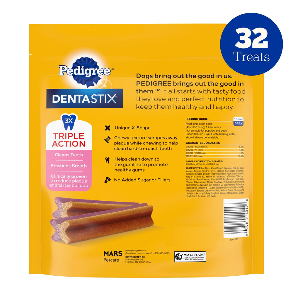 Front packaging of Pedigree Dentastix large-breed bag with branding