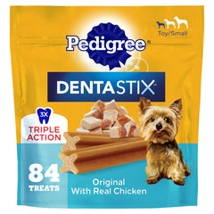 Pedigree Dentastix small dog bag showing daily dental care with chicken flavor