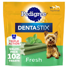 Pedigree Dentastix small dog packaging; 1.54 lb bag for daily dental care.