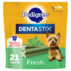 Pedigree Dentastix small dog chew with X-shape design for easier cleaning.