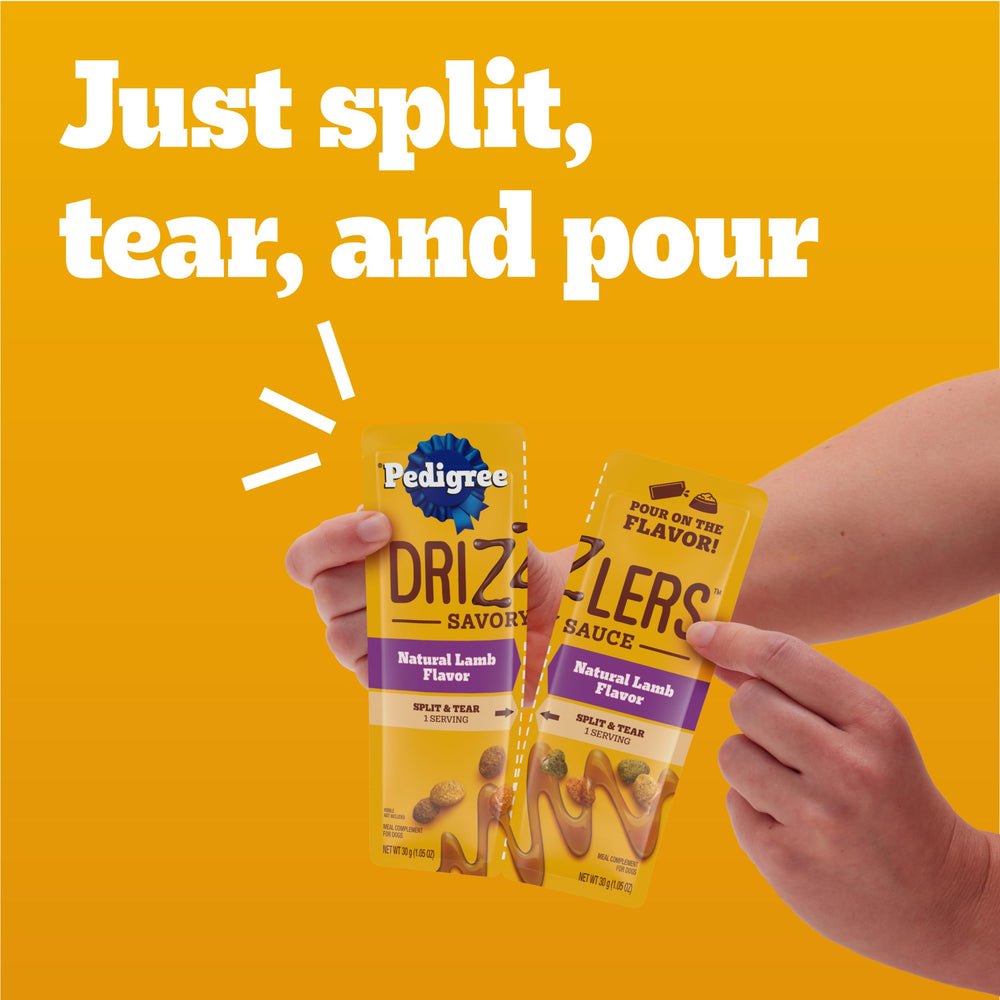 Close-up of glossy Pedigree Drizzlers sauce on kibble