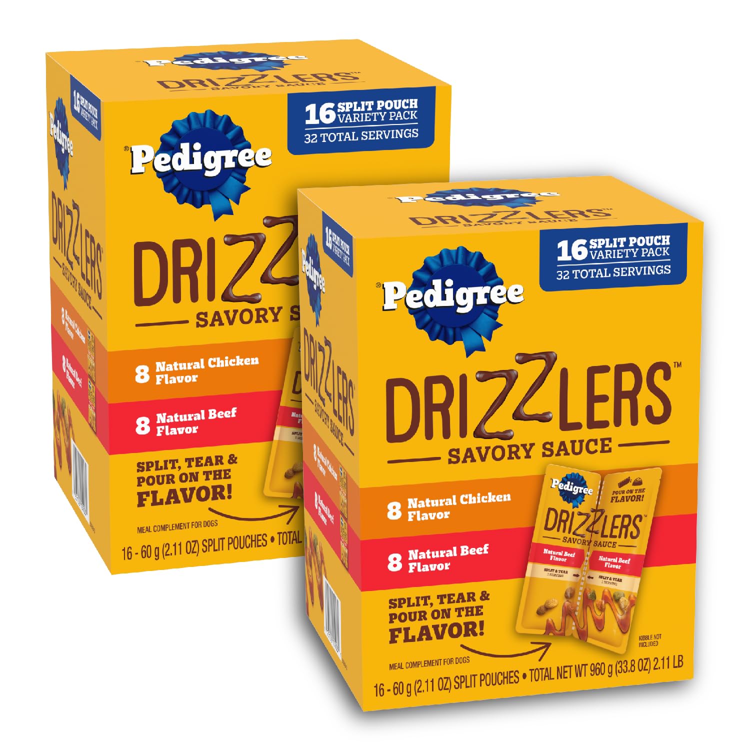Pedigree Drizzlers dual-serving pouch closeup shows easy portioning for mealtime