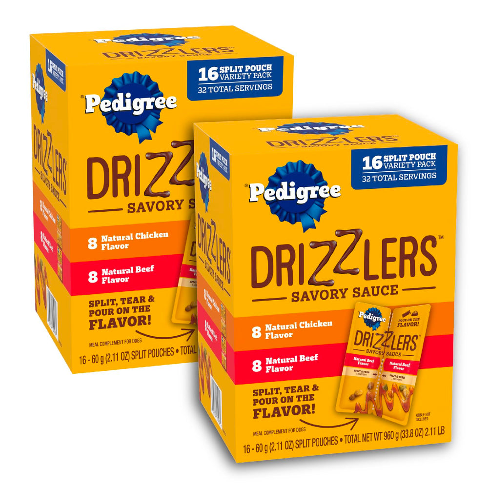 Pedigree Drizzlers dual-serving pouch closeup shows easy portioning for mealtime