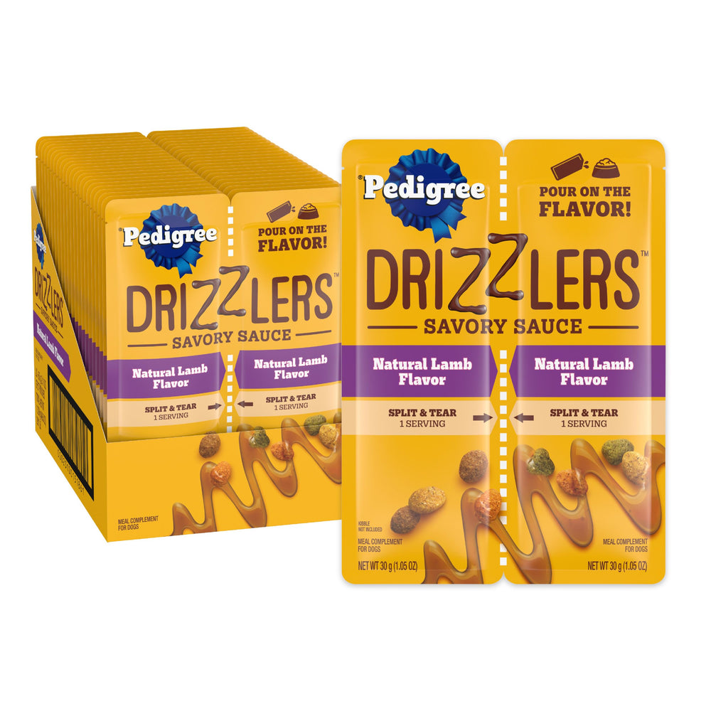 Pedigree Drizzlers dual-serving pouch ready to pour over kibble for flavor
