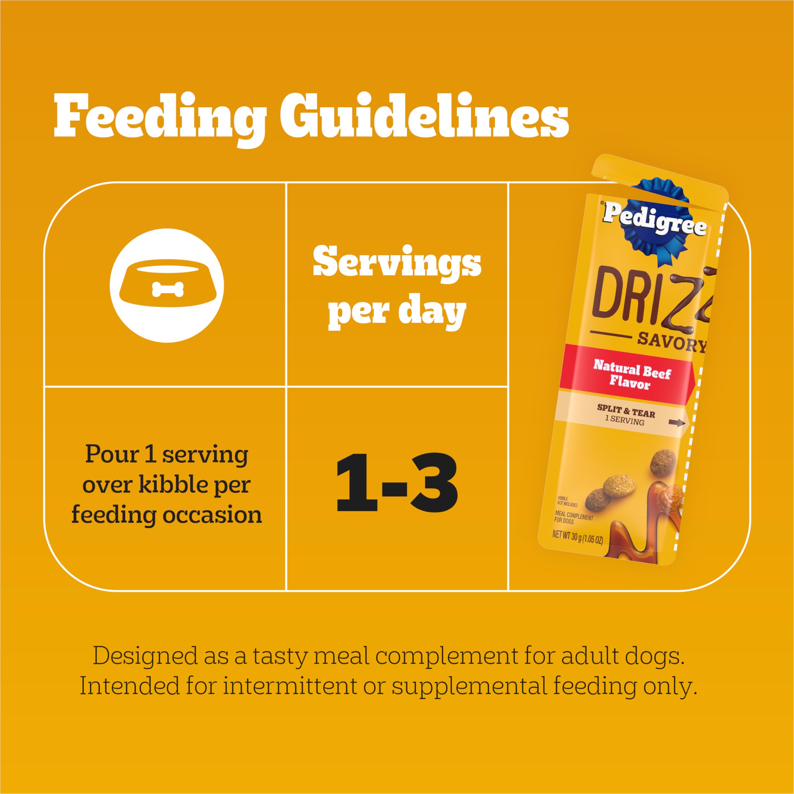 Pedigree Drizzlers display shows multiple pouches for meals