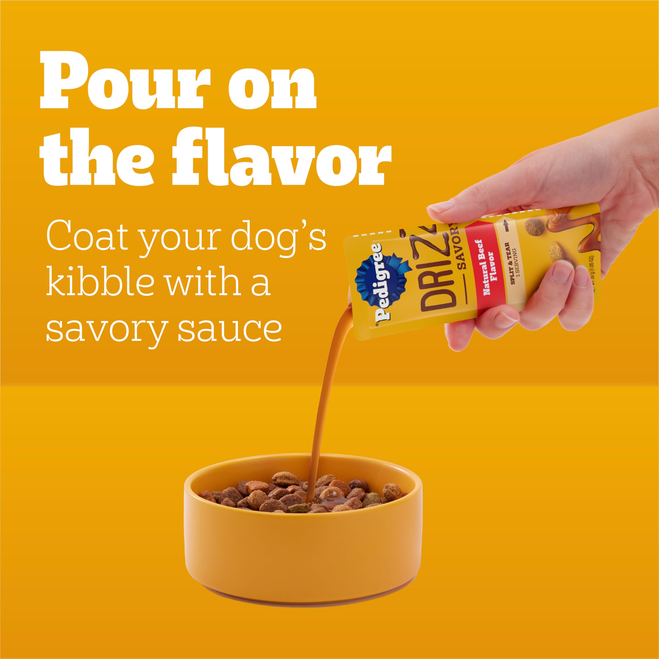 Pedigree Drizzlers poured onto dry kibble to enhance mealtime aroma
