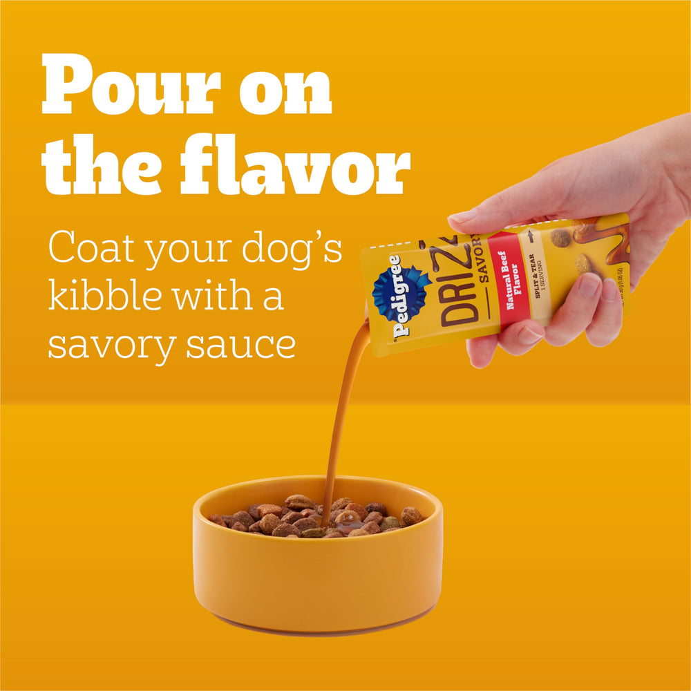 Pedigree Drizzlers poured onto dry kibble to enhance mealtime aroma