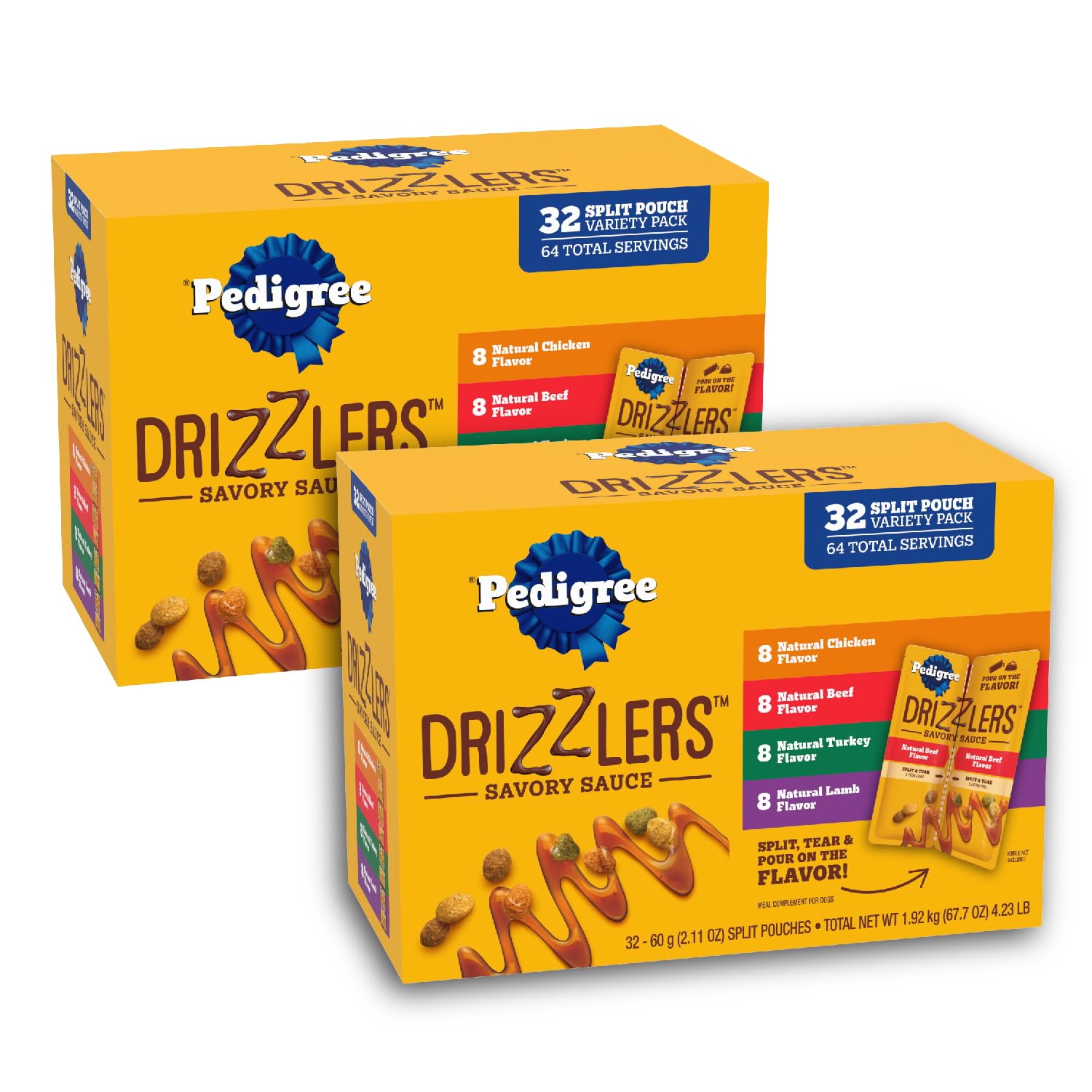 Pedigree Drizzlers Savory Sauce pouch shows dual-serving design for quick flavor boost