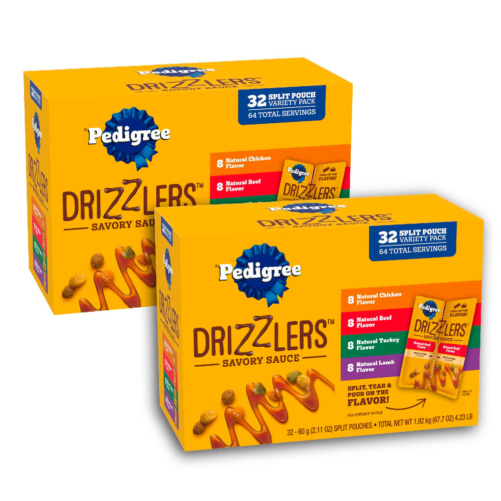 Pedigree Drizzlers Savory Sauce pouch shows dual-serving design for quick flavor boost